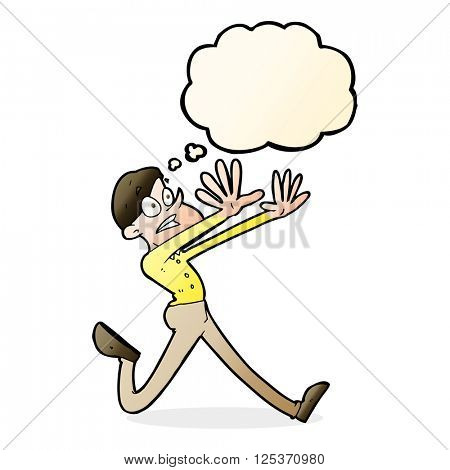 cartoon man running away with thought bubble