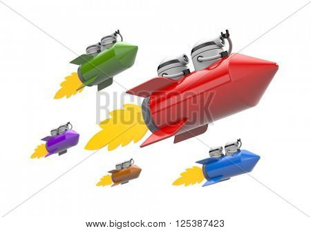 Robots flying on the rocket. Challenge metaphor. 3d illustration