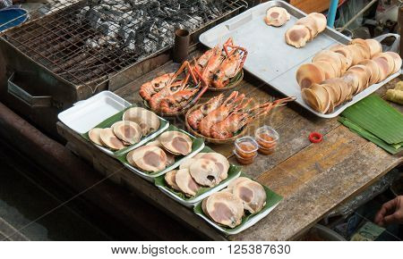Fresh seafood at fish market near Bangkok, in Thailand