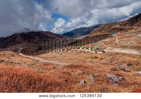 Top view of Kupup Valley at about 13000 feet high from sea level Sikkim India with beautiful Himalayan mountain range in the background.