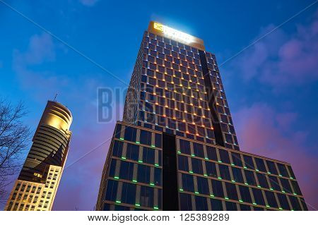 Warsaw, Poland - March 28, 2016: Grzybowska 78 street, Office building Prime Corporate Center, Raiffeisen Polbank Offices - Raiffeisen Polbank leased 95 percent.