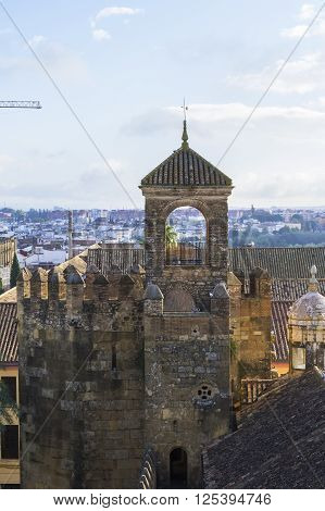 background landscape view of the walls of the Alcázar of the Christian Kings of Cordoba and from the tower of the Alcázar, Spain
