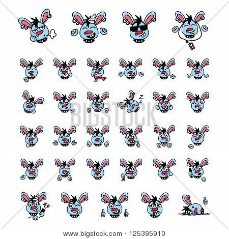 Blue punk rabbit face expressions icon set