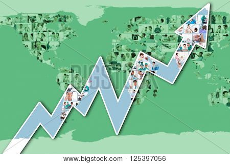 Red arrow pointing up against pictures of doctors forming a world map