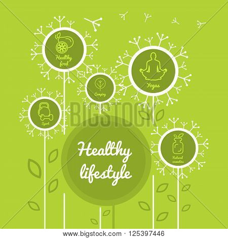 Infographics healthy lifestyle with healthy food icons dumbbell fruits camping. Diet concept. Meal plan. Fitness food. Meditation icon. Lifestyle images. lifestyle icon. Flat icon.