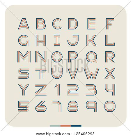 Outline Retro Vintage Font. Latin Letters With Numbers. Three Linear Style.