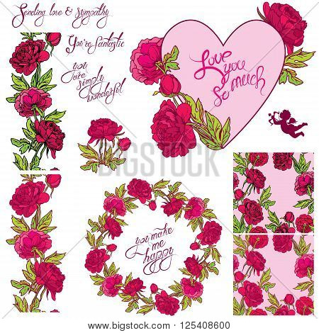 Decorative hand drawn floral heart border frame and seamless pattern with dahlia flowers calligraphic texts isolated on white background. Set of ornaments and elements for holiday love design.