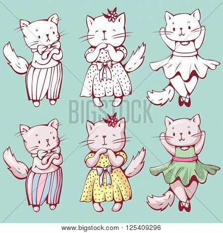 Illustration of funny cartoon kittens. Hand-drawn illustration. Vector set.