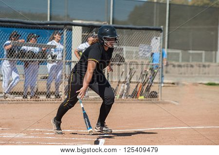 Strong softball player in black uniform dropping the bat while running to first.