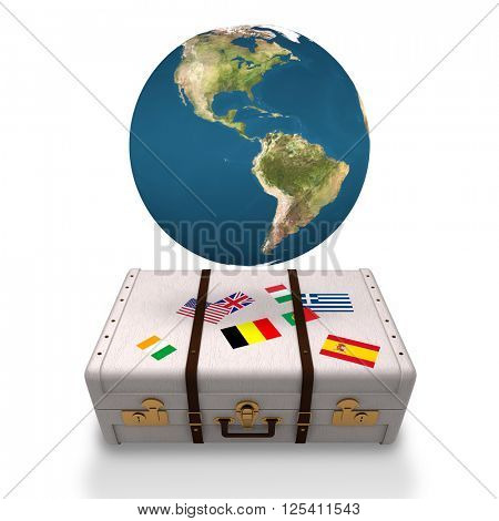 Earth against suitcase with stickers