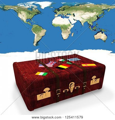 World map against suitcase with stickers