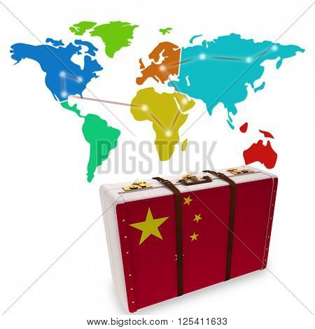 Chinese flag suitcase against world map