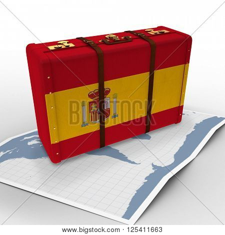 World map against spain flag suitcase
