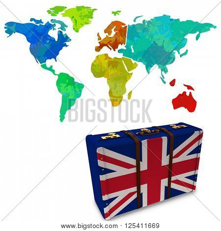 Colourful world map against great britain flag suitcase