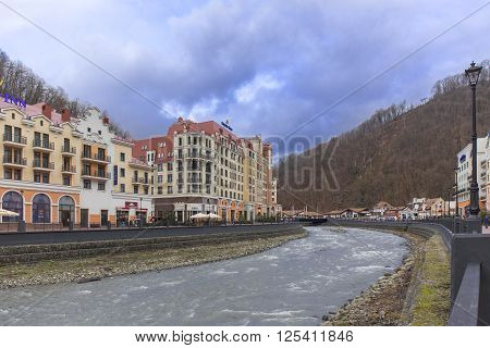 ROSA KHUTOR, RUSSIA - MARCH 27, 2016: Msrch view on ski resort of world class Rosa Khutor built in 2013 for the 2014 Olympic Games