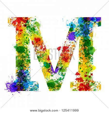 Color Paint Splashes. Gradient Vector Font. Watercolor Designer Decoration Alphabet. Colar ink Symbols Isolated ob a White Background. Letter M