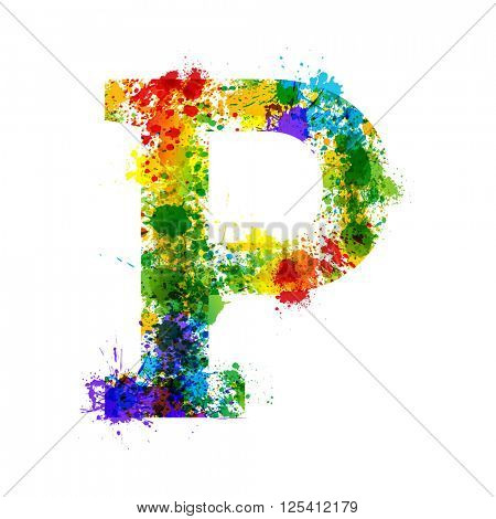 Color Paint Splashes. Gradient Vector Font. Watercolor Designer Decoration Alphabet. Colar ink Symbols Isolated ob a White Background. Letter P
