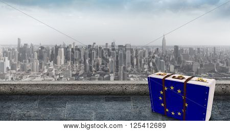 EU flag suitcase against cityscape