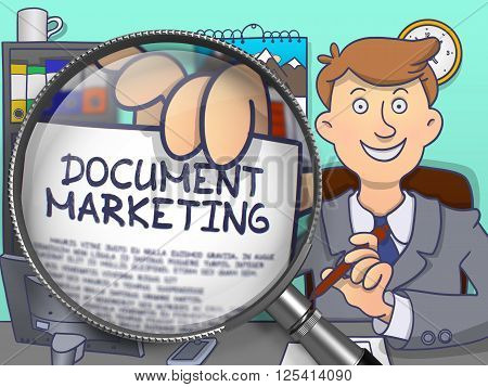 Document Marketing on Paper in Man's Hand to Illustrate a Business Concept. Closeup View through Magnifier. Colored Doodle Style Illustration.