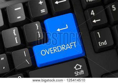 Overdraft Concept: Black Keyboard with Overdraft, Selected Focus on Blue Enter Key. Modernized Keyboard with Hot Keypad for Overdraft. 3D Illustration.