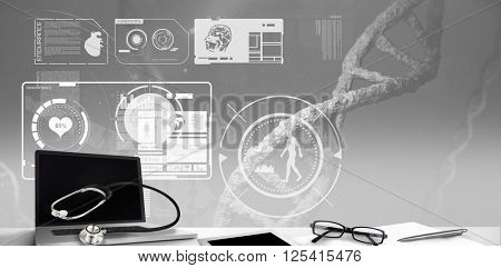 Medical supplies put on a desk against image of a dna