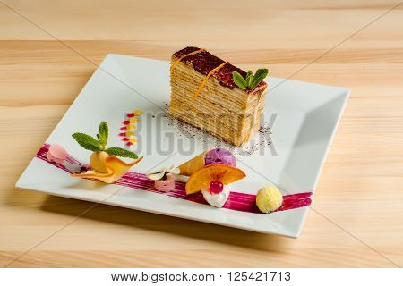 Dessert - Cake with chocoltae Icing and Fresh Mint