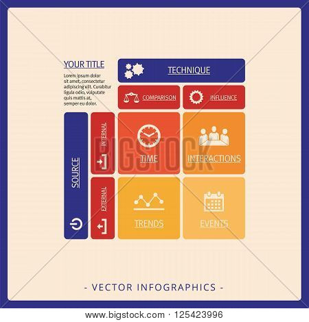 Multicolored editable TITE matrix diagram template with icons and sample text