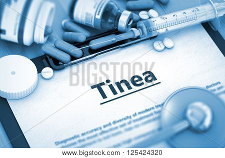 Tinea - Medical Report with Composition of Medicaments - Pills, Injections and Syringe. Tinea, Medical Concept with Pills, Injections and Syringe. 3D Render.