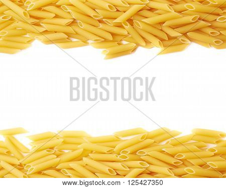 Dried penne pasta copyspace and empty for your text background composition over the white surface