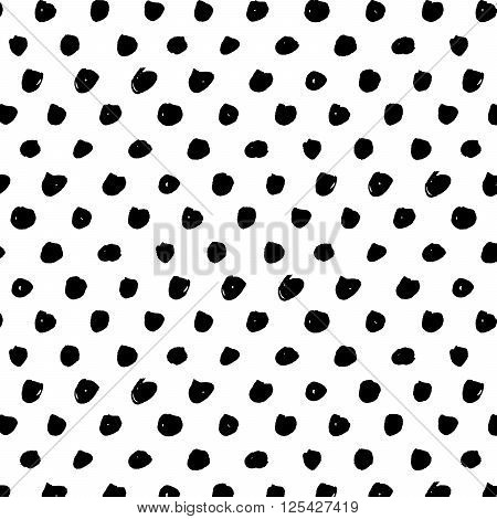 Polka dot brushe stroke seamless pattern. Abstract background with round brush strokes. Monochrome hand drawn texture. Stylish polka dot. Vector illustration.