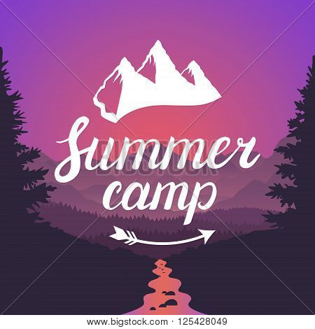 Summer camp logo. Summer camp emblem. Design lettering typography on mountain landscape background. Vector illustration.