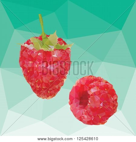 red ripe fresh raspberries on a abstract background from triangles