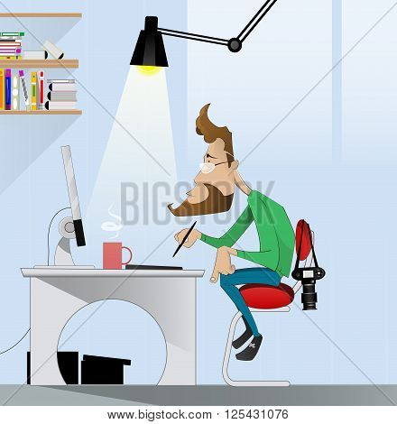 Digital art painter at work. Concept illustration of design occupations, art direction employment, 3D modeling artist job, motion graphic design profession. Vector