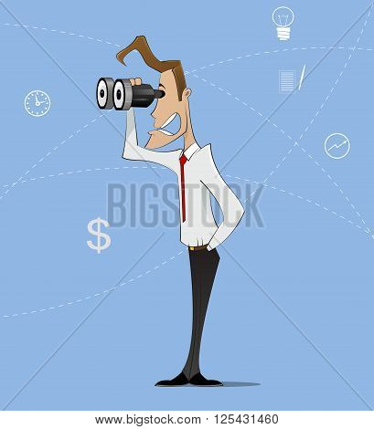 Businessman looking through binocular and smiling. Can be use as concept of job search, recruiting, headhunter. Vector illustration