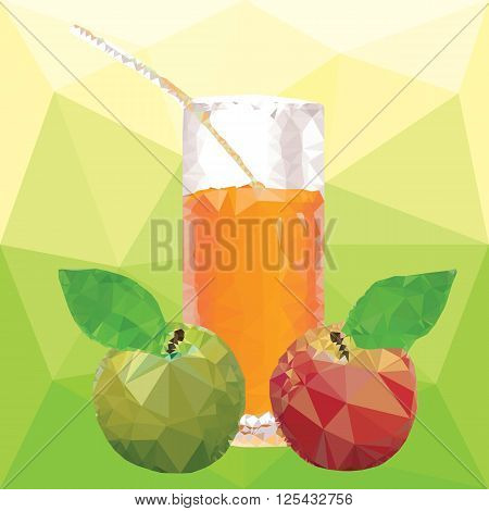 glass for juice from the ripe red and green apple on a abstract background from triangles