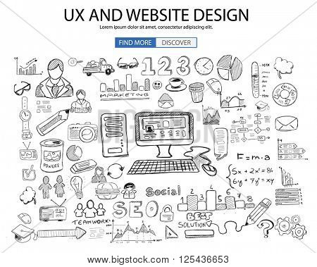 UX Website Design  concept with Doodle design style: online solution, social media campain, creative ideas,Modern style illustration for web banners, brochure and flyers.