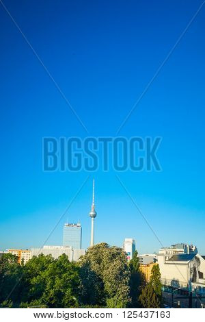 BERLIN, GERMANY- MAY 15: Tv tower or Fersehturm in Berlin on MAY 15, 2013. BERLIN, Germany.