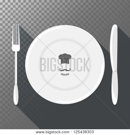 Plate knife and fork with long shadows on translucent background. Simple flat vector illustration EPS 10.