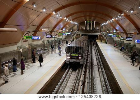 SOFIA, BULGARIA - MARCH 10, 2016: People in the Serdika station of the Sofia Metropolitan. The subway system was opened in 1998, and now has a total route length of 38.6 km