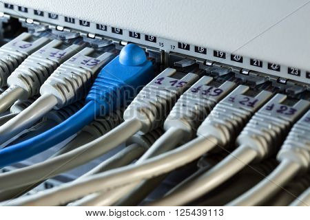 network hub with a lot of connected wires