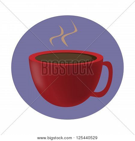 red cup with a hot drink and steam on a circular purple background.