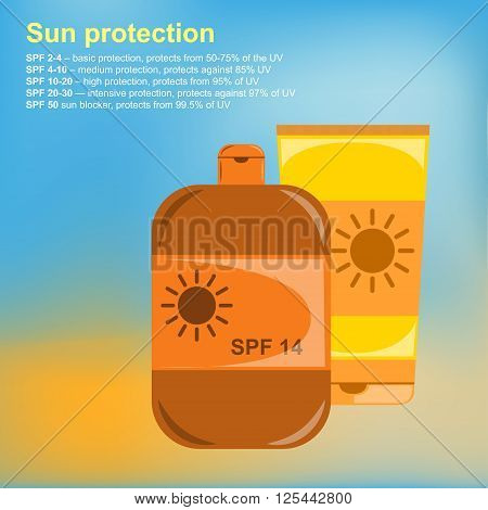 Poster Sunscreens. Vector illustration
Description degree of protection of the different SPF. Tubes of sunscreen. Bright, gradient summer background