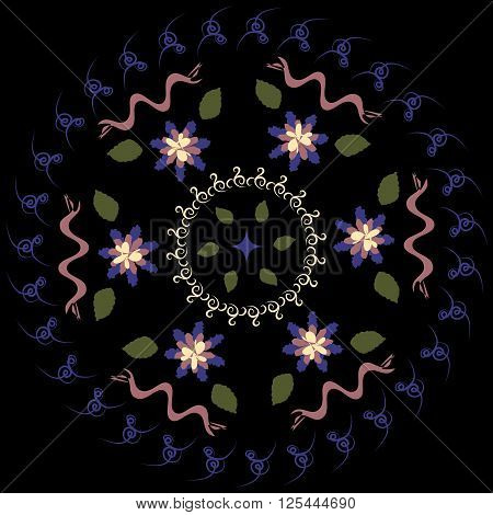 Abstract blurred circular pattern on a black background . Flowers ribbons leaves curlicues . Four colors .