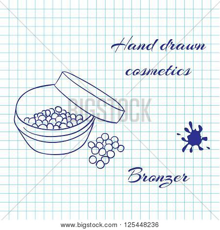 Hand drawn line art cosmetics on notebook paper background. Bronzer drawn with a pen. Vector ilustration EPS10