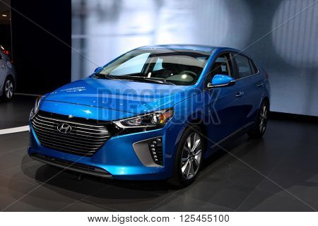 NEW YORK - MARCH 23: A Hyundai Ioniq shown at the 2016 New York International Auto Show during Press day,  public show is running from March 25th through April 3, 2016 in New York, NY.