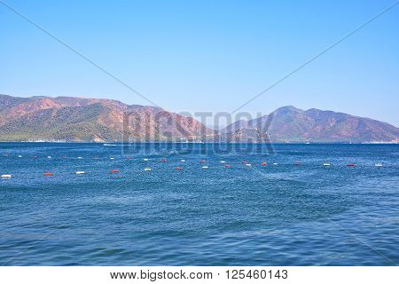 View of the Aegean Sea and the rocky mountains. Marmaris. Turkey.