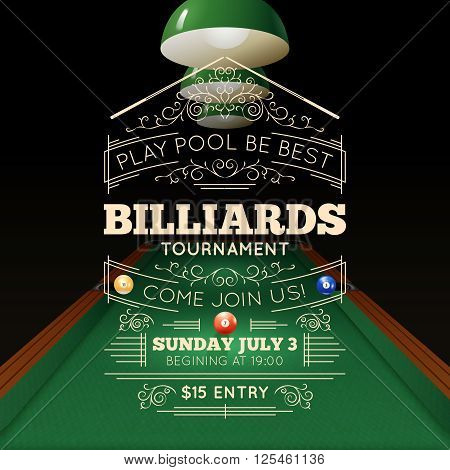 Billiards tournament realistic poster with price time and date vector illustration