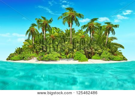 Whole Tropical Island Within Atoll In Tropical Ocean.