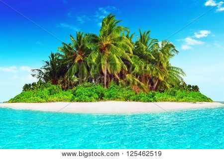 Whole Tropical Island Within Atoll In Tropical Ocean.