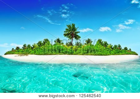 Whole Tropical Island Within Atoll In Tropical Ocean.